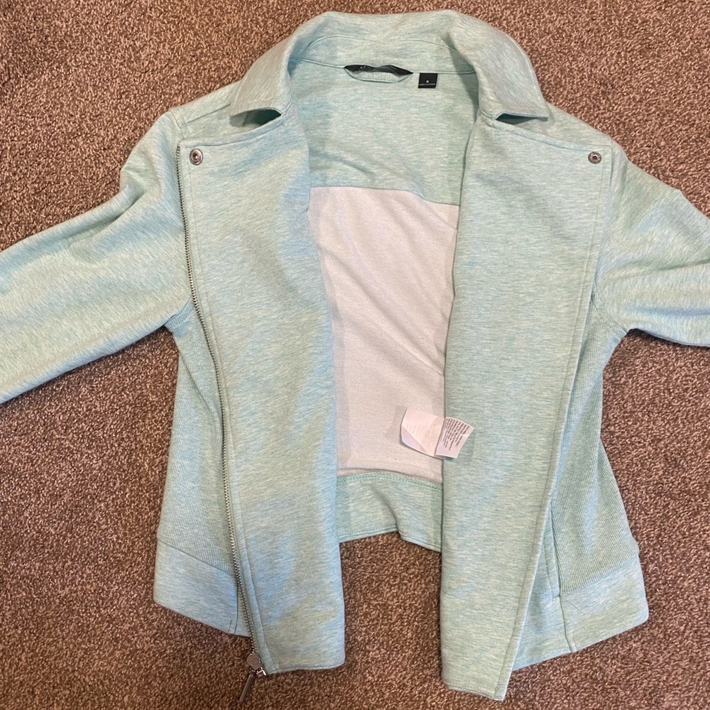 H by Halston moto-style jacket, diagonal zipper and snap details, aqua green